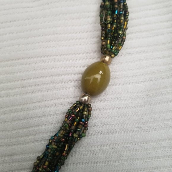 Multi-Strand Seed Bead Necklace with Heart Pendant Green Brown Blue - Picture 3 of 6
